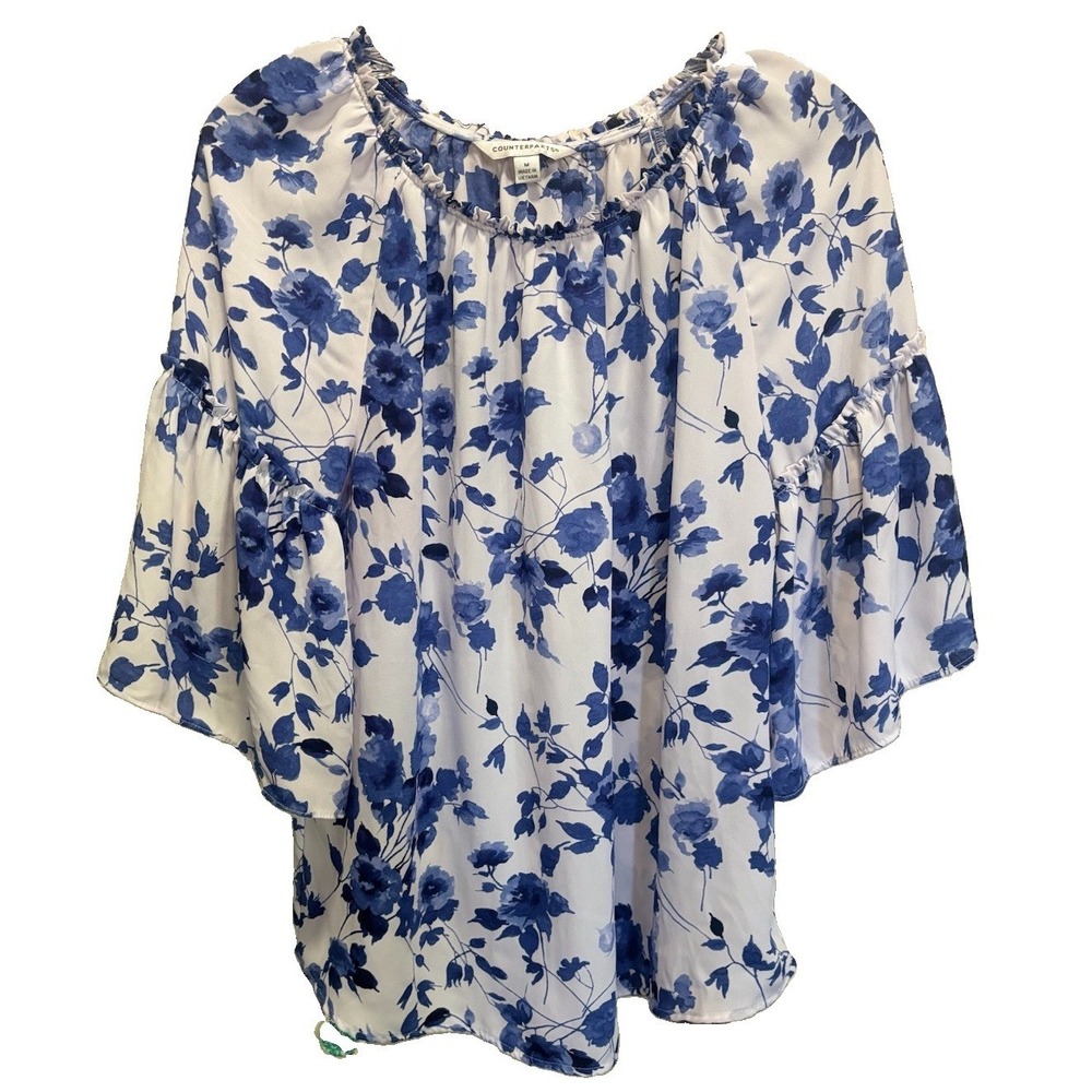 Counterparts Floral 3/4 Bell Sleeve Chiffon Blouse Ruffle Size M Blue/White Boho